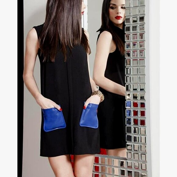 Anthropologie Dina Agam Black Crepe & Blue Lambskin Mock Sleeveless Shift Dress - Picture 5 of 16